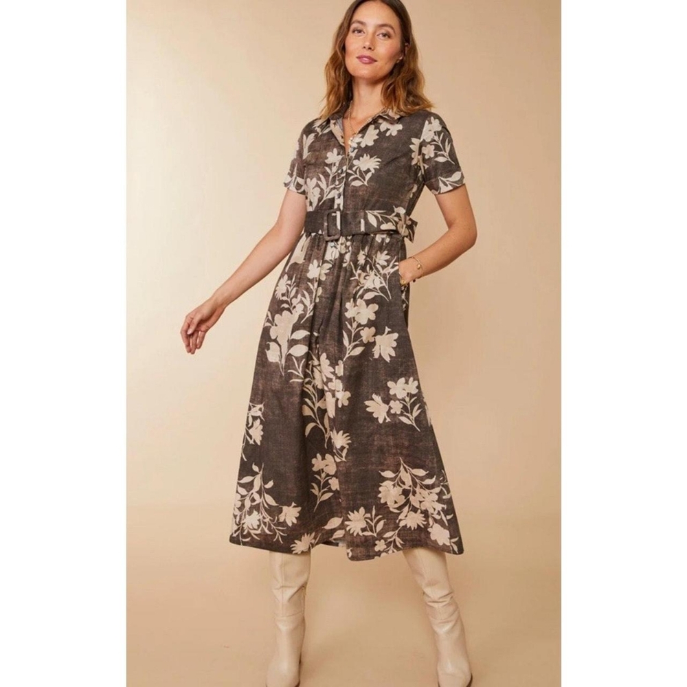 Spartina 449 Women's Gray Floral Button Front Belted Short Sleeve Dress